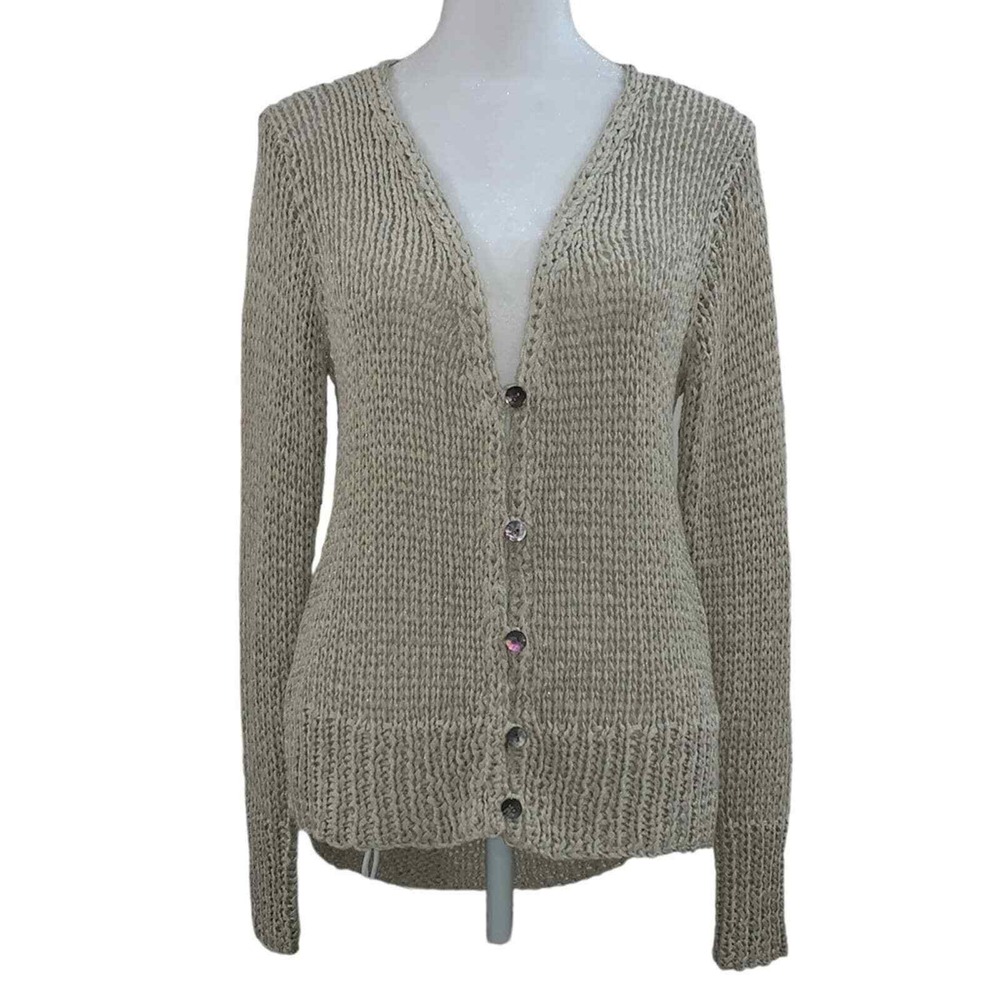 Eileen Fisher Cardigan Women S Beige Open Knit V-Neck High-Low Metallic Italian